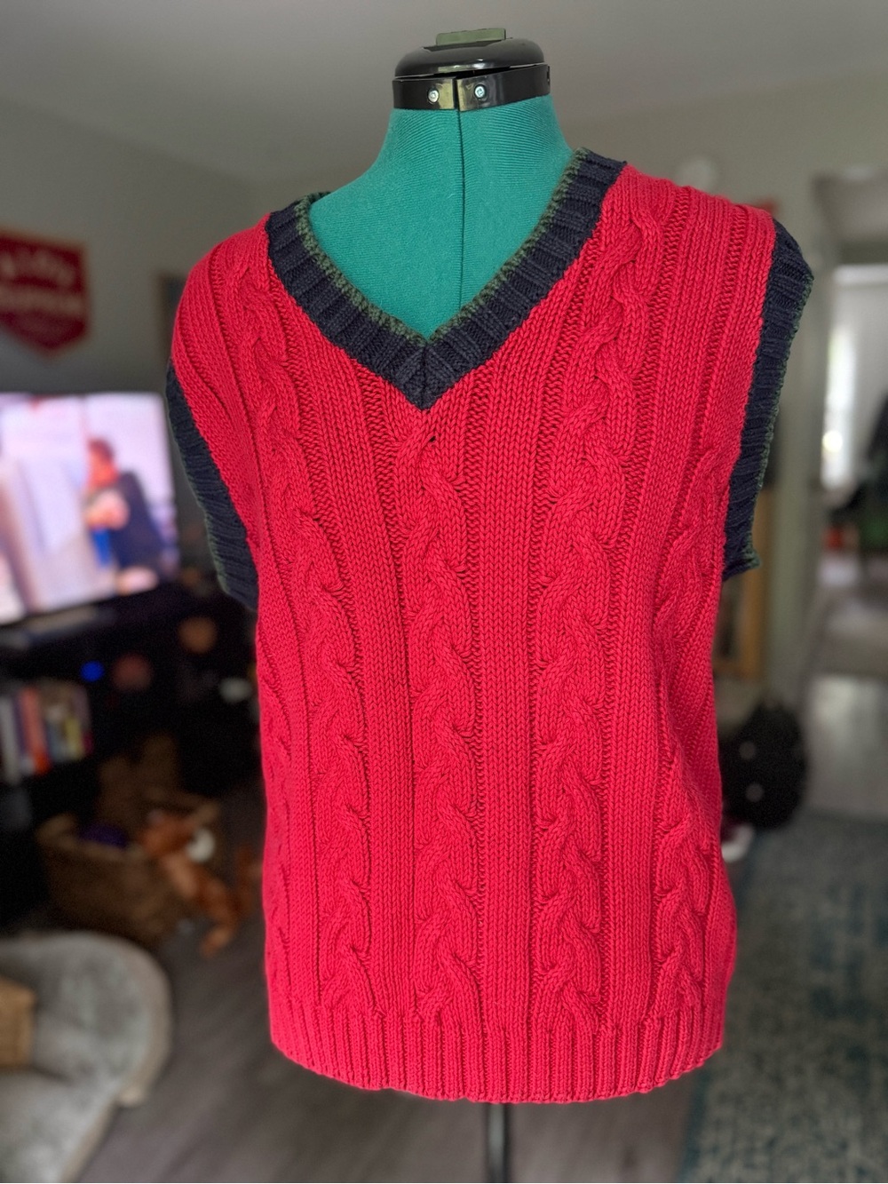 GAP Men's Red Cable-Knit V-Neck Sweater Vest with Navy & Green Trim Vintage